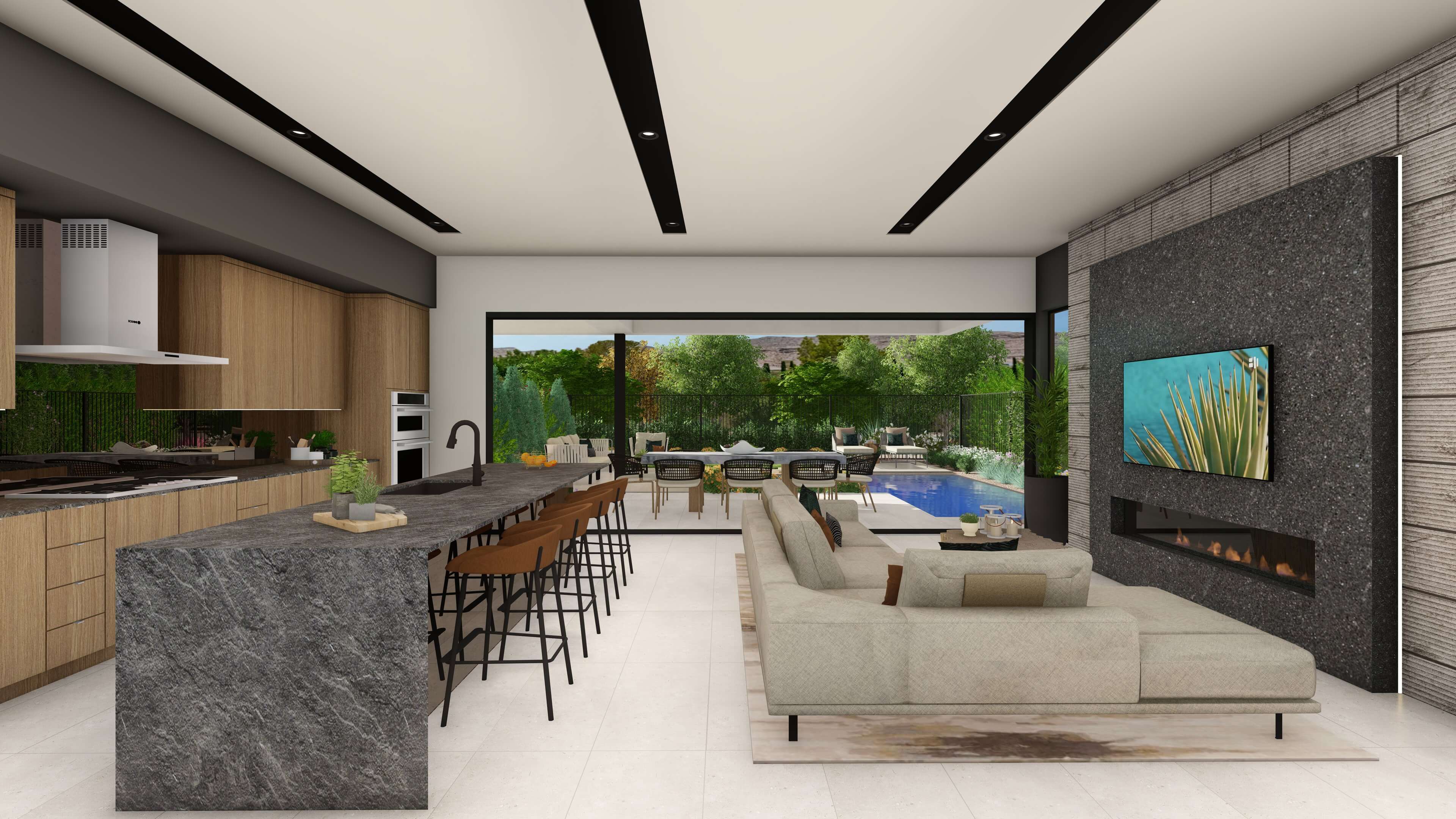 New Modern Homes Southern Highlands Stonewater Elevar Great Room Kitchen scaled